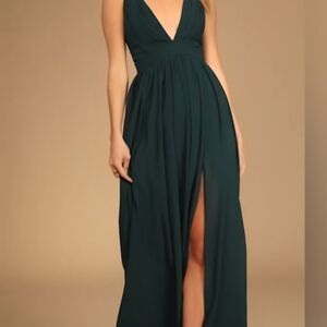 Lulu's Dark Teal Maxi Dress with V-Neck and Slit
